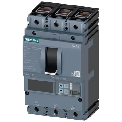 Siemens 3VA2 maksimalafbryder i grå og sort med tre poler, 100A kapacitet og et digitalt display.