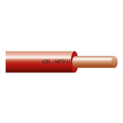 Grøn/gul ledning 1,5 H07V-U med kobberleder og rød PVC-isolering, mærket ICEL - H07V-U.