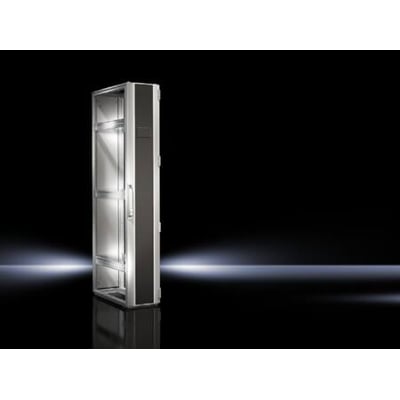 Rittal VX IT kablingsrack 300x2000x1200 mm i sølv og sort, vist fra siden med dør åben og på en mørk reflekterende overflade.