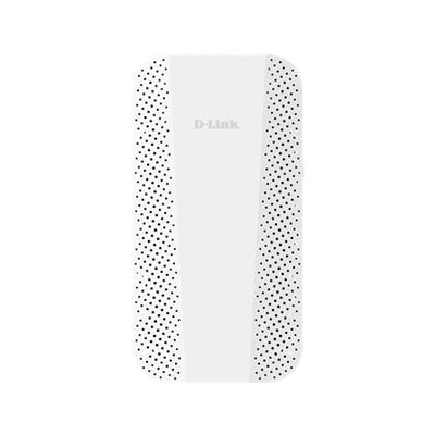 Hvid D-Link SE30/E Wi-Fi-forstærker med Wi-Fi 6 og AX3000 ses forfra med perforerede sider.