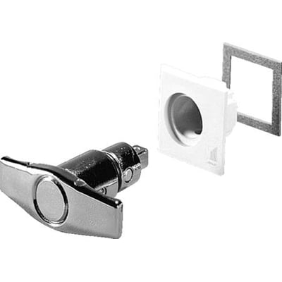 Rittal T-greb uden låsecylinder viser metalhåndtag og monteringsdel i plast på hvid baggrund.