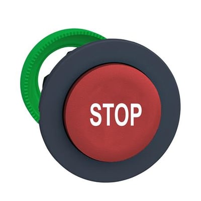 Schneider Electric Harmony XB5/ZB5 rød flush trykknap med hvidt "STOP" tryk, vist med grøn monteringsring på hvid baggrund.
