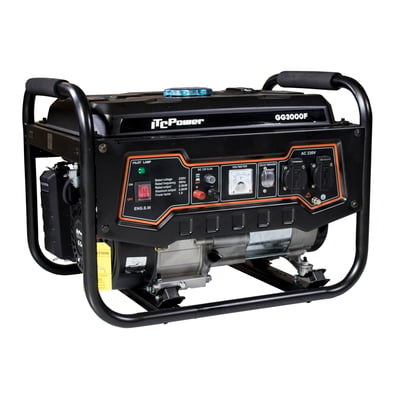 ITC GG3000F generator med benzinmotor, 230V og 2,8 kW effekt, vist på hvid baggrund med sort ramme.