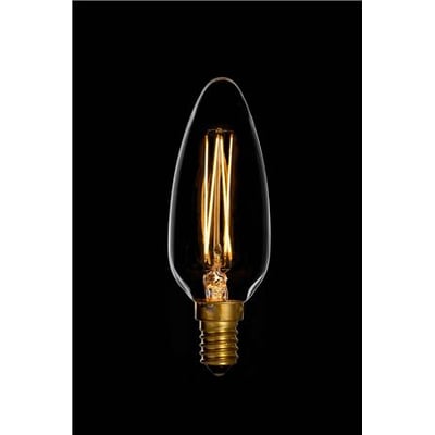 DANLAMP kirkekerte LED-pære med E14-fatning, klart dråbeformet glas og synlige, varmt lysende filamenter.