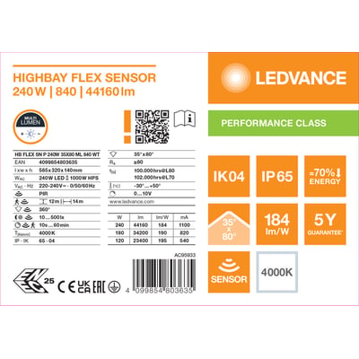 Teknisk mærkat for Ledvance High Bay Flex lineararmatur med sensor, 240 W, 44160 lm og spredning på 35 x 80°.