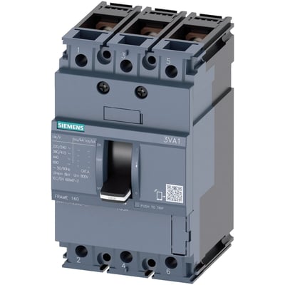 Siemens 3VA1 IEC maksimalafbryder, 3-polet, 20A, 55kA brydeevne, med manuel betjeningsgreb og tydelig mærkning.