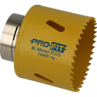 Gul PRO-FIT Plus Cobalt hulsav på 54 mm set skråt fra siden med synlige tænder og integreret adapter.