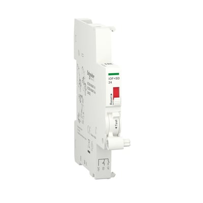 Schneider Electric kontakt signal iOF/SD interface til 24V DC med grønt og rødt indikatorlys, Reset og Test knapper.