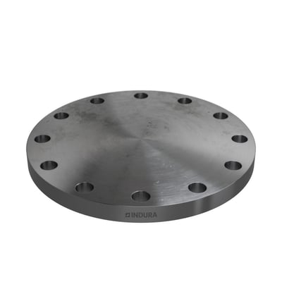 Indura blindflange til rørledninger, DN250, visuelt præsenteret med tydelig Indura logo og 12 bolthuller.