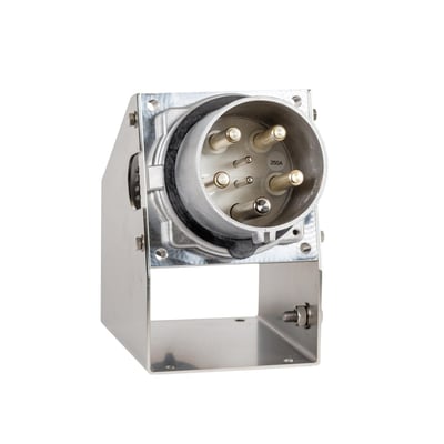 CEE vægindtag med 200A, 6h og 3P+PE, vist fra siden med fokus på indgangsstikket og monteringsbeslaget.