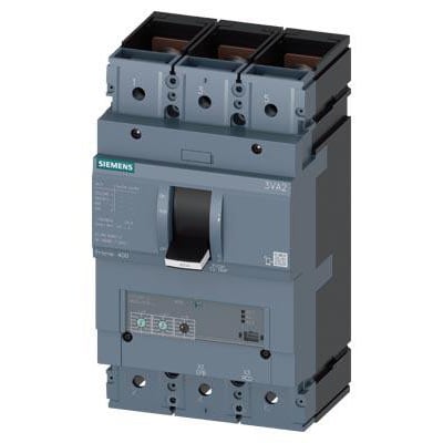 Nærbillede af Siemens 3VA2 IEC frame 400 maksimalafbryderens frontpanel med betjeningsdetaljer og mærkat.