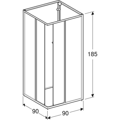Ifö Next kabineoverdel NKH 99 VK, 90x90 cm, i teknisk tegning med mål for dybde, bredde og højde samt synlig brusehoved.