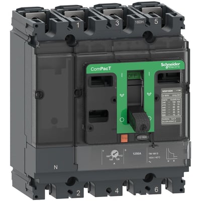 Detaljebillede af Schneider Electric ComPacT NSX100H maksimalafbryder, viser mærkning med specifikationer og 16A TMD-enhedens indstillingsmuligheder.