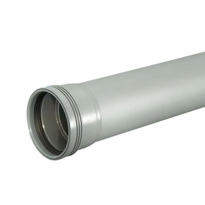 Detaljeret billede af Wavin Ø50 mm afløbsrør i grå polypropylen, der viser muffen med tætningsring for 3000 mm længde.
