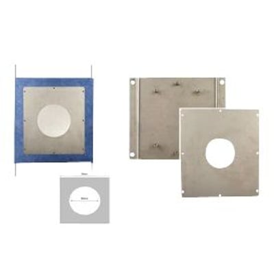 Grohe lækageboks i rustfrit stål til indbygning, ø70mm, med tilbehør og dimensionstegning.