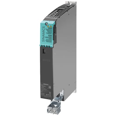 Siemens SINAMICS S120 single motor modul, booksize frame, med DC 600V input og 3-faset 400V, 5A output, med grøn sikkerhedsmærkat.