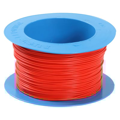 Stor spole med Nexans H05V2-K PVT90 1x0,75 mm² rød ledning, vist med en blå plastspole.