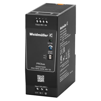Weidmüller PRObas strømforsyning 48VDC 5A med 240W effekt, vist fra siden med detaljerede mærkninger og specifikationer.