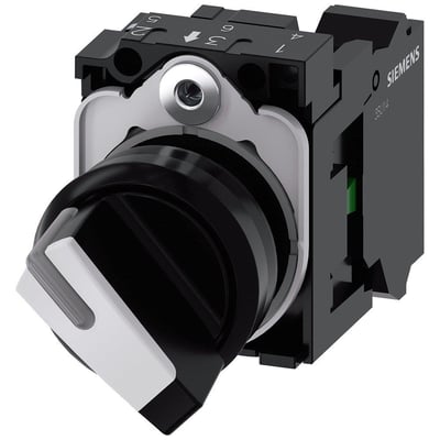 Siemens SIRIUS ACT 22mm vælgerkontakt i hvid og sort plastik, med 1NO kontakt og fjederterminal.