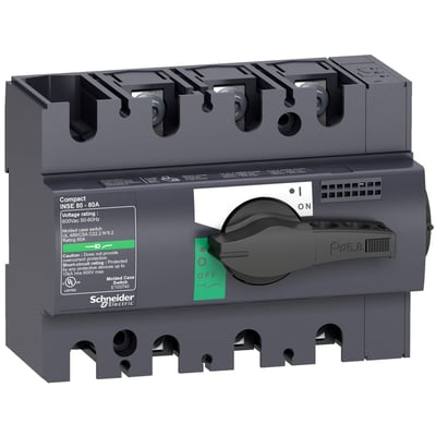 Schneider Electric Interpact INSE80 lastafbryder, 40A, 3-polet, med drejehåndtag for ON/OFF funktion, monteret på DIN-skinne.