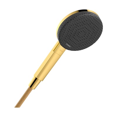 Hansgrohe Raindance Alive S håndbruser i skinnende guld med et stort, rundt brusehoved med grå gummidyser.