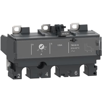 Schneider Electric TM25G 3-polet termomagnetisk relæenhed til NSX100-250 afbrydere, vist med dens mærkninger og tilslutningspunkter.