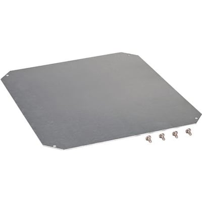 Fibox montageplade i elforsinket stål til 400x400 mm kabinetter, vist med fire medfølgende skruer på hvid baggrund.