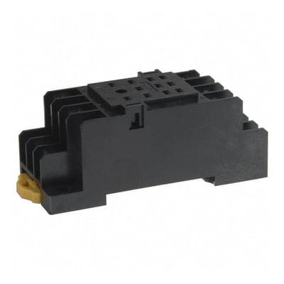 Omron PYF11A topnøgle for DIN-skinne eller overflademontering med 11-polede skrueklemmer i sort plast på hvid baggrund.