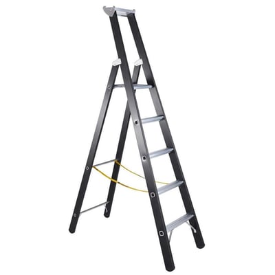 Zarges SL-250 trappestige med 4 trin og 250 kg belastning, lavet af aluminium med sorte, eloxerede vanger.