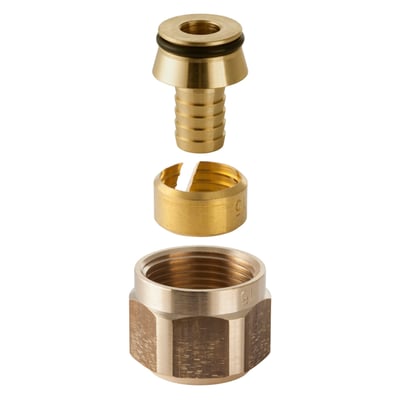 Geberit PEX-tilslutning 15 x 2,5 vist adskilt med gevindkobling, ring og slangestuds i gylden metalfinish.