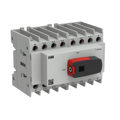 ABB OT25G1-8BS lastafbryder med otte poler og 25 A, set skråt forfra med gråt kabinet og rød-sort drejeknap.