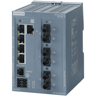 Siemens SCALANCE XB205-3 industriel Ethernet switch med 5x RJ45 og 3x multimode FO ST-porte samt konsolport og diagnoseindikering.