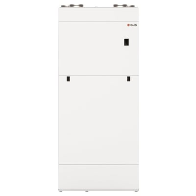 Varmepumpe Nilan Compact P2 KF Polar i hvid set fra siden, viser enhedens højde og bredde på 601 mm.