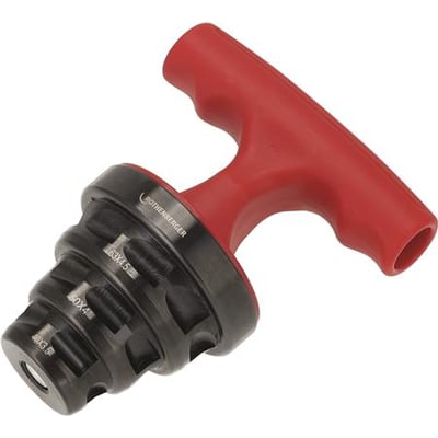 Rothenberger kalibrerings- og afgratningsværktøj med rødt T-håndtag og sort hoved med mål for 40, 50 og 63 mm rør.