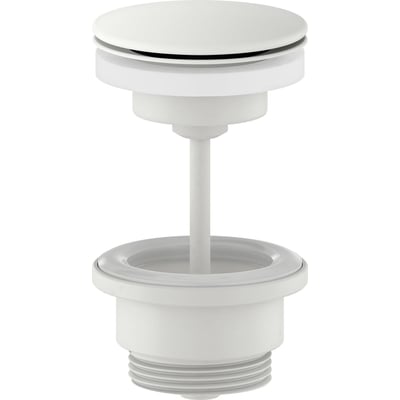 Damixa bundventil i mat hvid messing med 'altid åben' funktion og 1 1/4" gevind, ideel til vaske uden overløb.