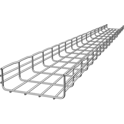 Detaljeret perspektiv af Legrand gitterbakke CF105/500-X, 500x105 mm, fremstillet af varmgalvaniseret stål, med robust gitterstruktur.