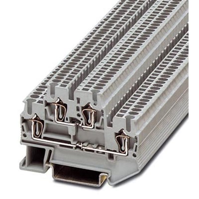 Tæt på Phoenix Contact STTB 1,5 etagefjederkraftklemme monteret på bæreskinne, fremhæver de parallelle fjedertilslutninger og modulære opbygning.