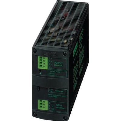 Murrelektronik MCS-20 strømforsyning i sort kabinet med grønne terminaler og mærkater for input og output.