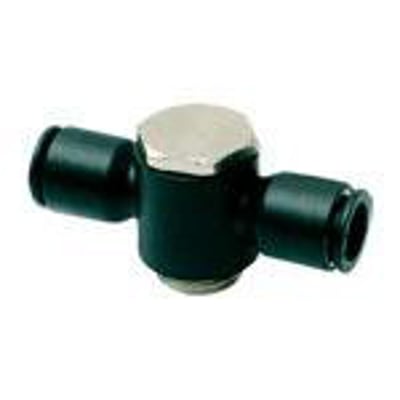 Parker dobbelt banjo fittings med 6mm slangeanslutning og G1/8 gevind, lavet af sort teknisk polymer med metaldele.