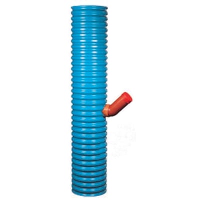 Wavin sandfangsbrønd med vandlås, 70 l, i blå PVC med ribbet brøndrør og rød afgangsstuds.
