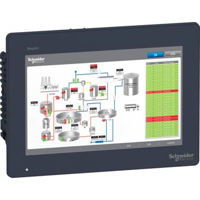 Schneider Electric Magelis GTU 10" widescreen touch HMI panel med et overblik over et produktionsflow og grønne datatabeller.