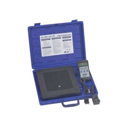 ITE WS-150 vægt med 150 kg kapacitet i en åben blå kuffert med display og tilbehør.