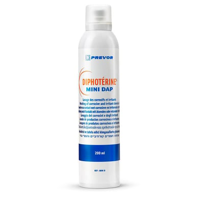 Diphoterine Mini øjenskyllevæske på 200 ml, en hvid sprayflaske med information på flere sprog og blå detaljer.