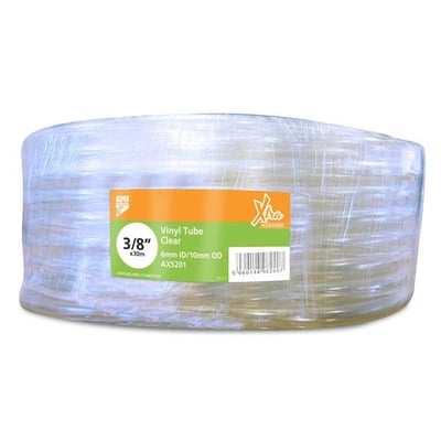Rulle med klar afløbsslange på 30 meter til kondenspumpe, pakket ind i plast med en orange og grøn produktetiket.