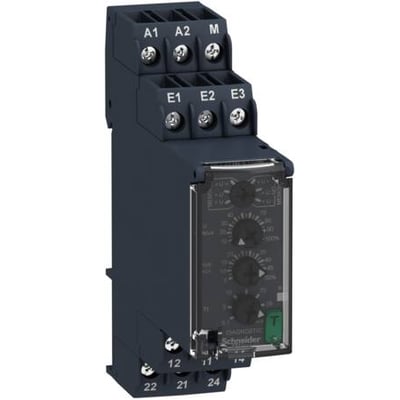 Schneider Electric Zelio RM22UA33MR målerelæ til spændingsmåling med 2 C/O kontakter og justeringsmuligheder for over-/underspænding.