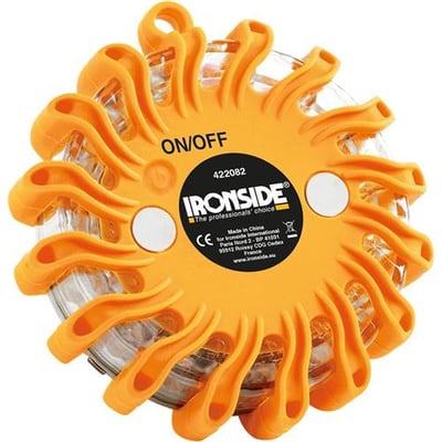Ironside gult advarselslys med 16 LED’er set bagfra, med orange beskyttelseskanter og synlig mærkat.