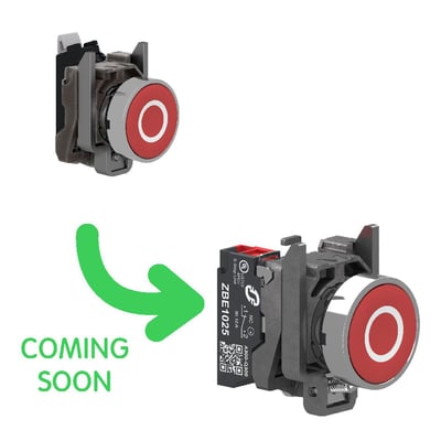 Schneider Electric modular trykknap XB4BA43225 i rød med hvidt "O", viser både hoved og tilhørende NC kontaktelement.