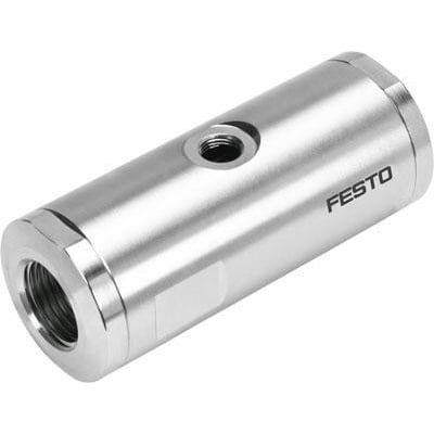 Festo slangeventil VZQA-C-M22U-15-GG-ALV4N-4 i poleret metal med tydelig Festo logo og gevind for tilslutning.