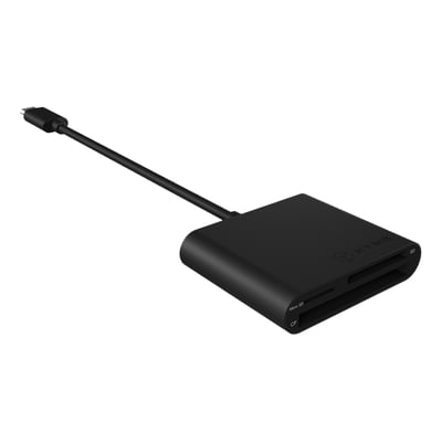 Sidelayout af sort ICY Box Type-C USB 3.0 Multi Card Reader, der viser alle kortpladser og Type-C stikket.