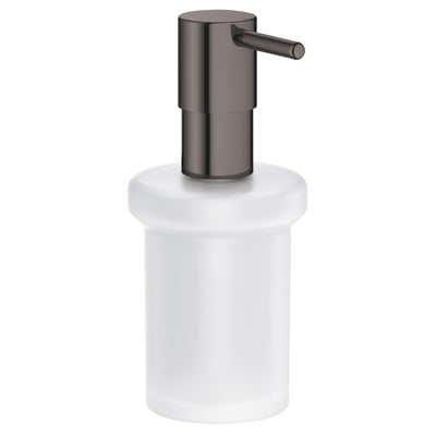 Grohe Essentials sæbedispenser i hard graphite og mat hvid glas med poleret metalpumpe, 160 ml kapacitet.